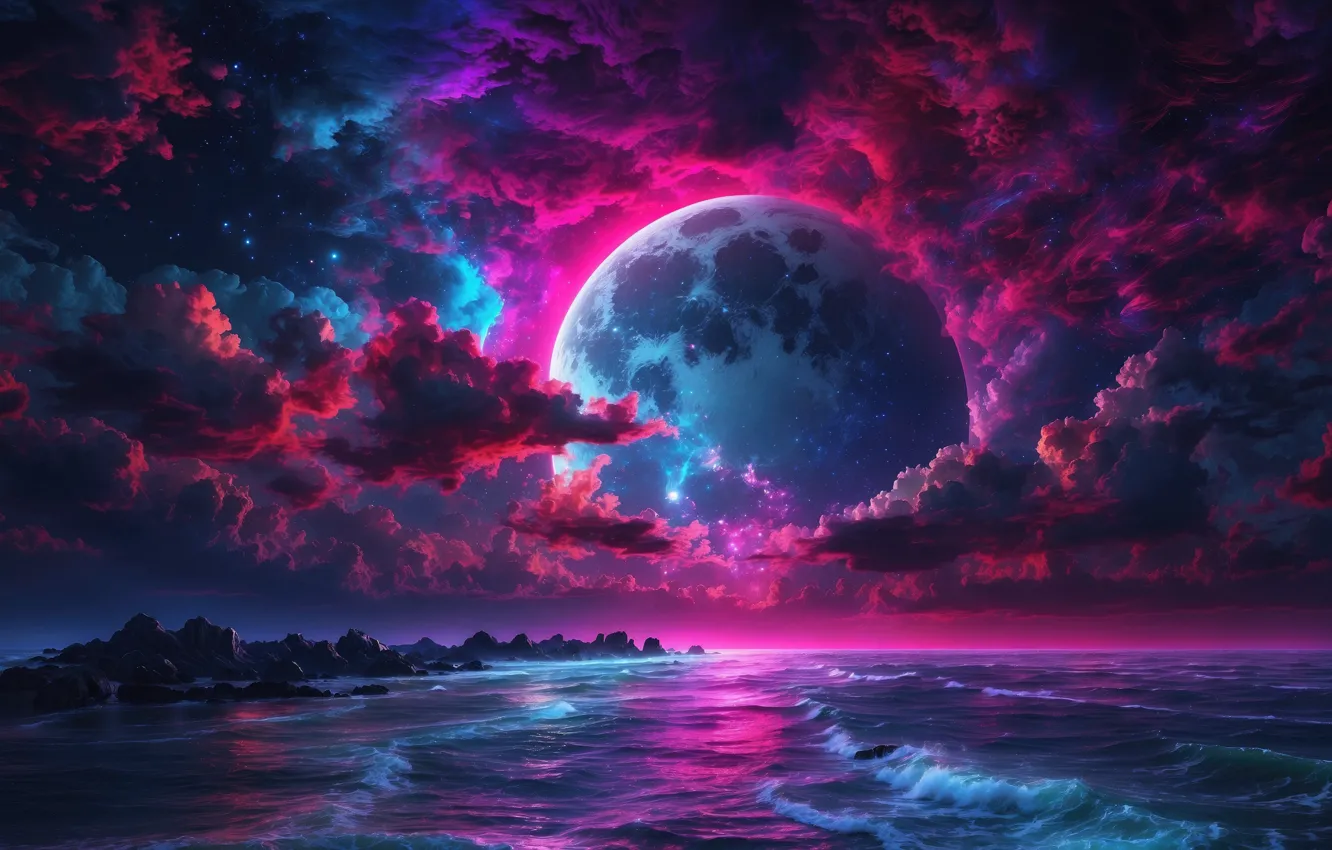 Photo wallpaper the ocean, shore, planet, glow, neon, horizon, ocean, glow