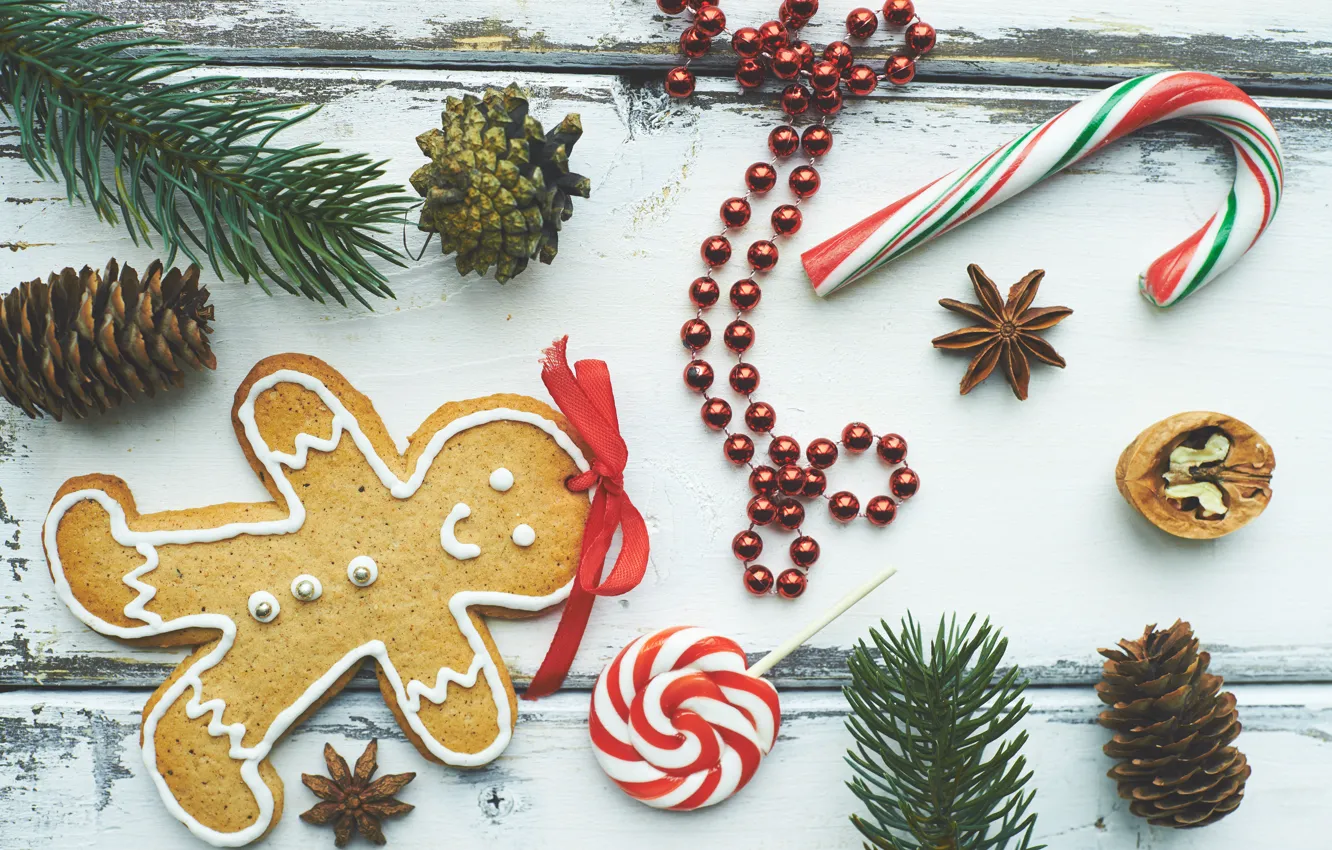 Photo wallpaper new year, spruce, lollipops, gingerbread