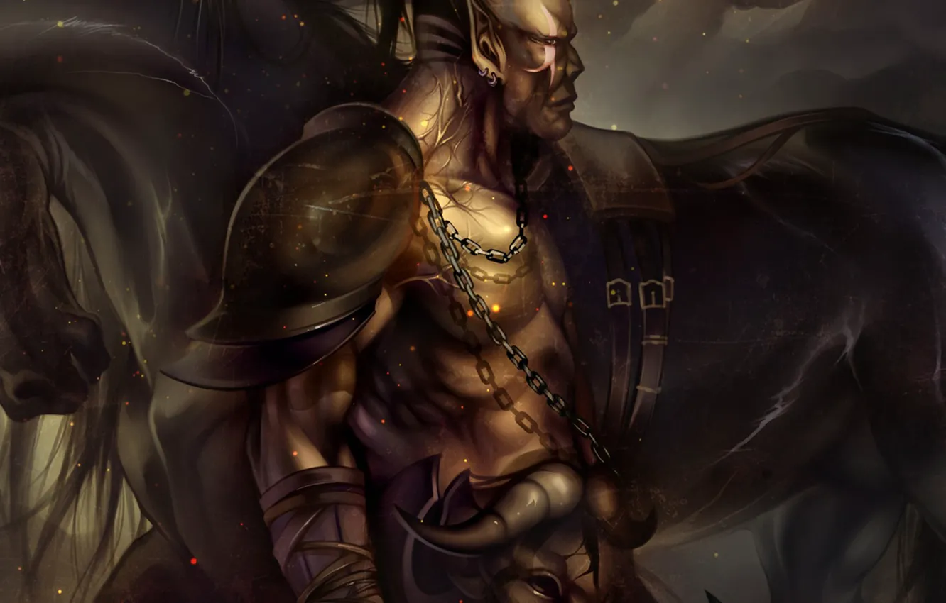 Photo wallpaper horse, the darkness, black, skull, chain, horns, axe, scar