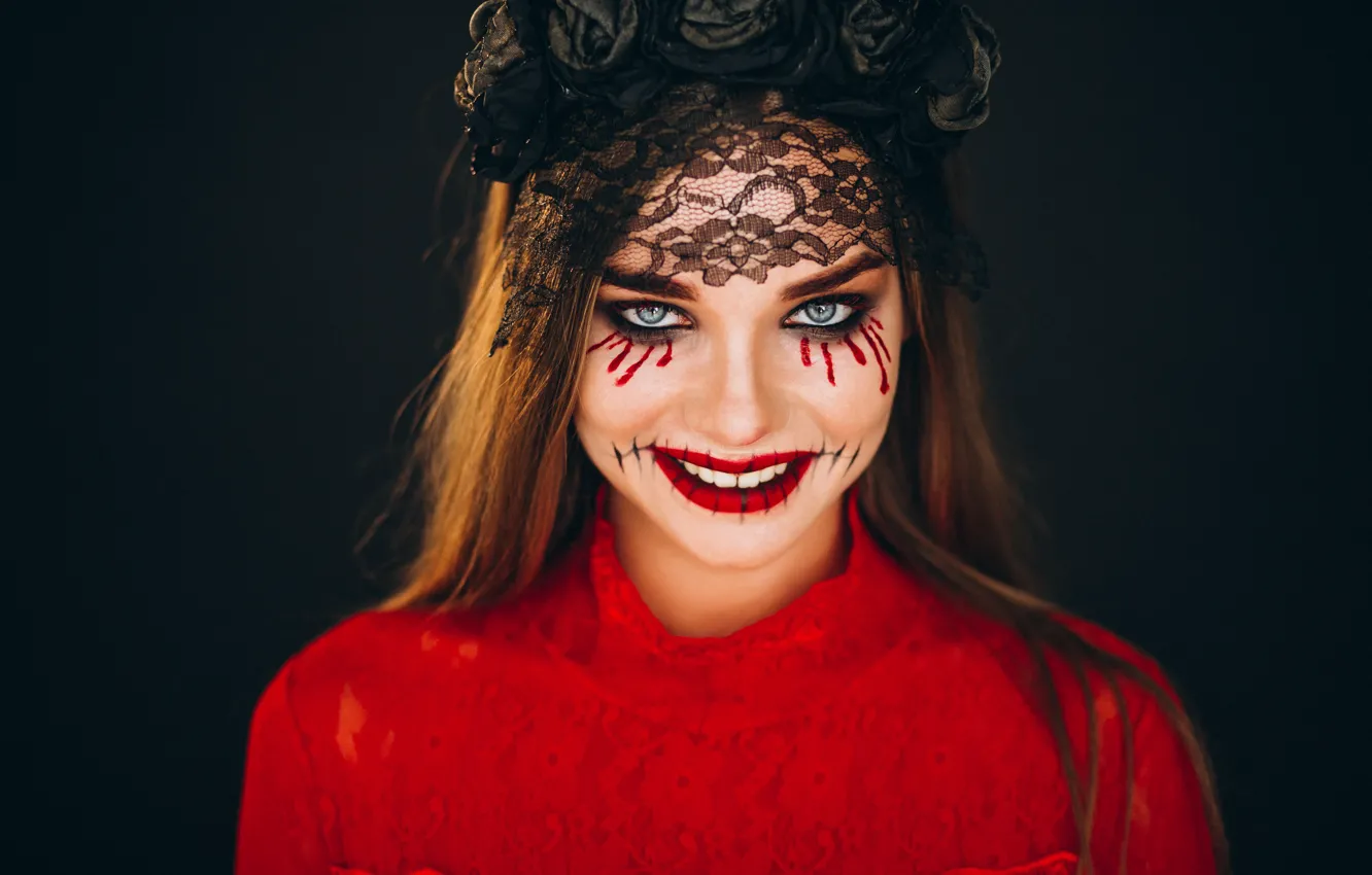 Photo wallpaper autumn, girl, the dark background, holiday, makeup, pumpkin, Halloween, witch