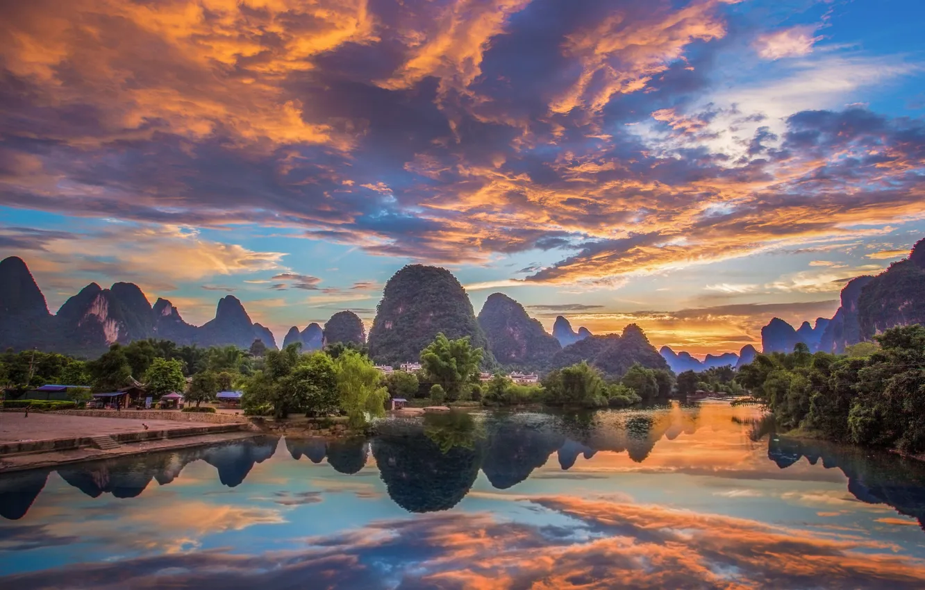 Photo wallpaper landscape, sunset, mountains, nature, lake, reflection