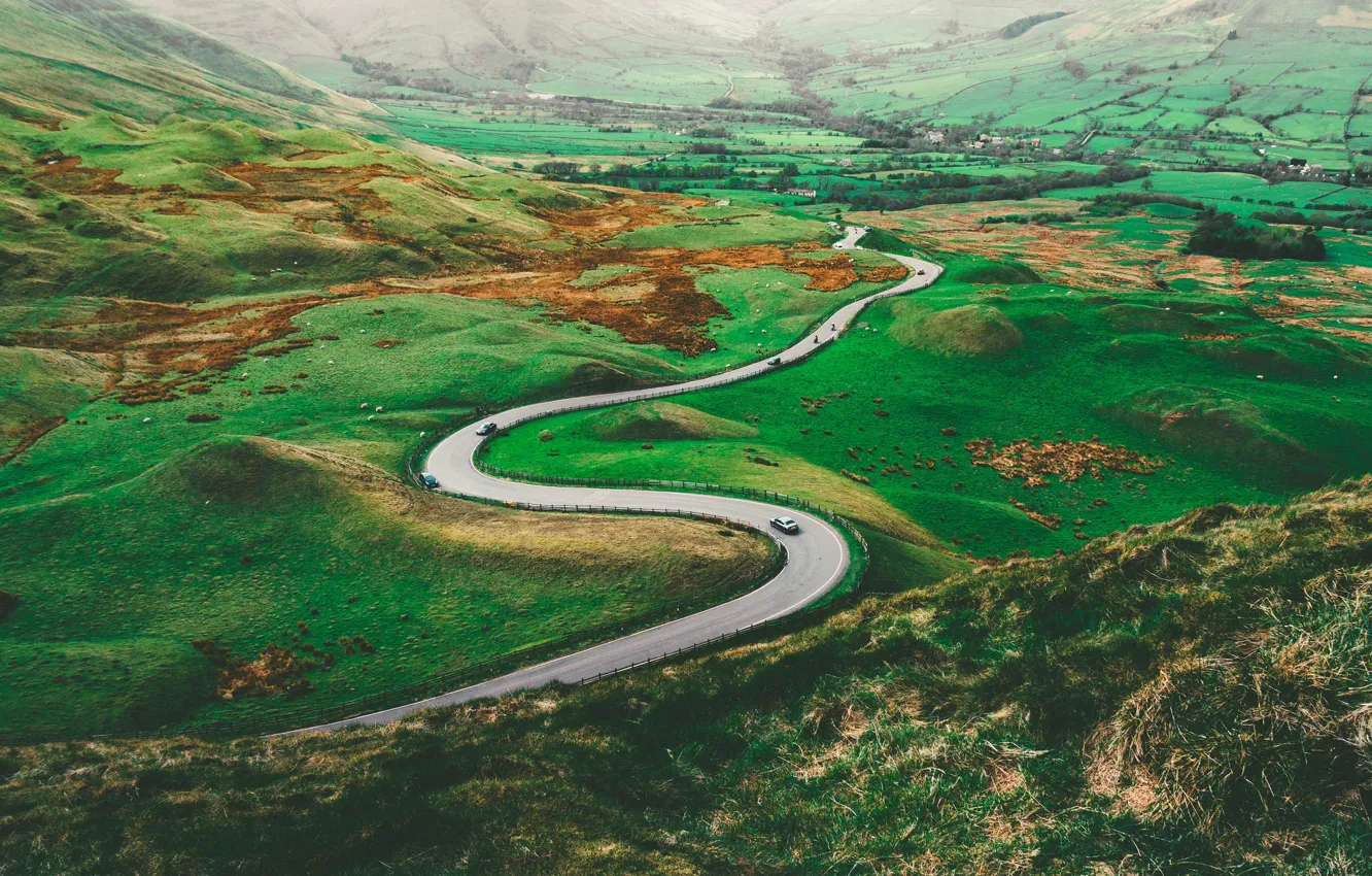 Photo wallpaper green, road, valley