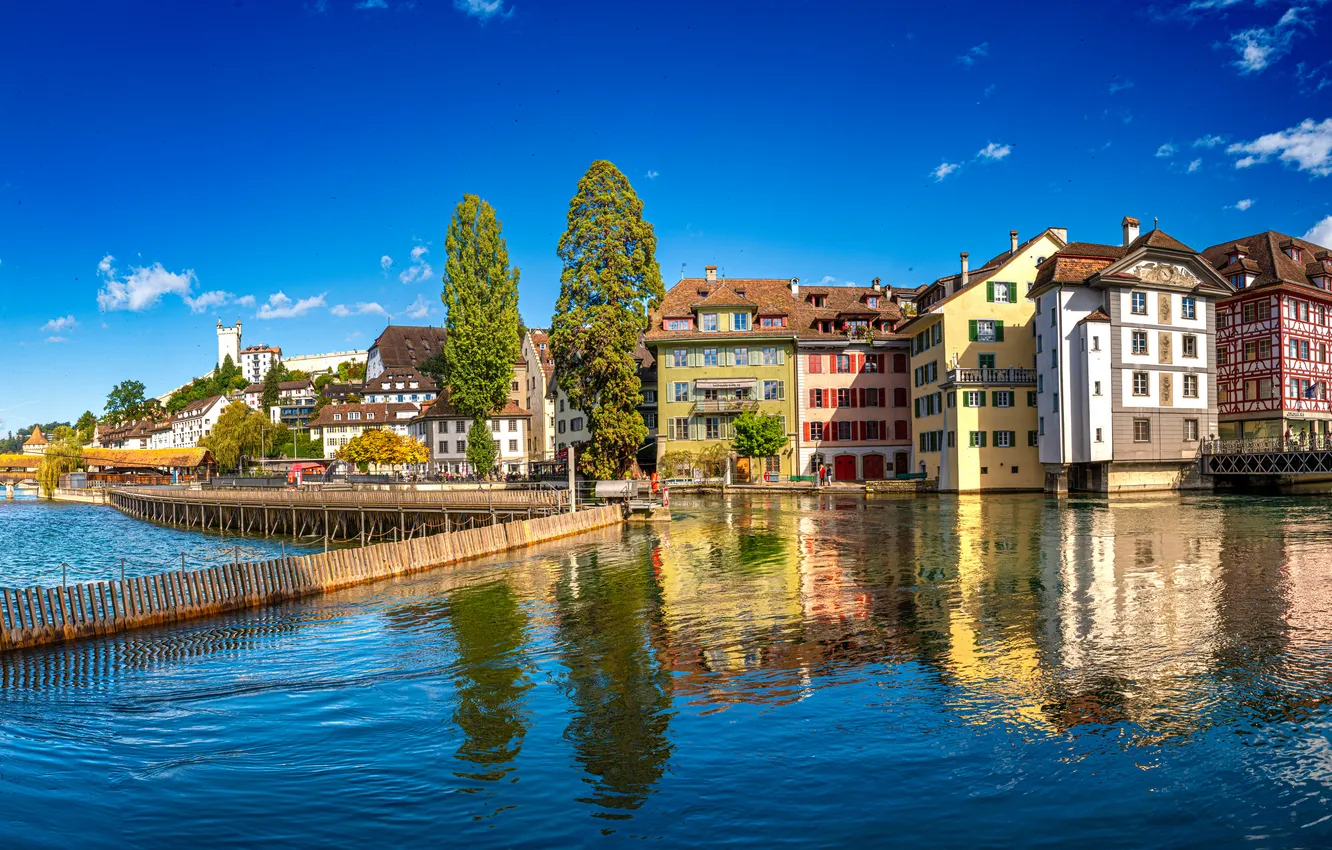 Photo wallpaper bridge, building, Switzerland, panorama, water channel