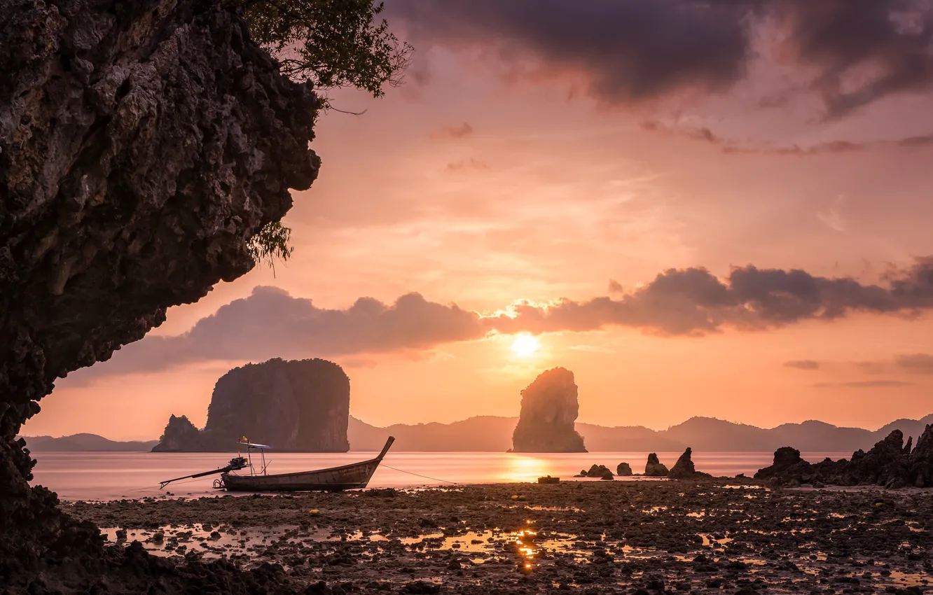 Photo wallpaper clouds, sunset, rocks, coast, boat, Thailand