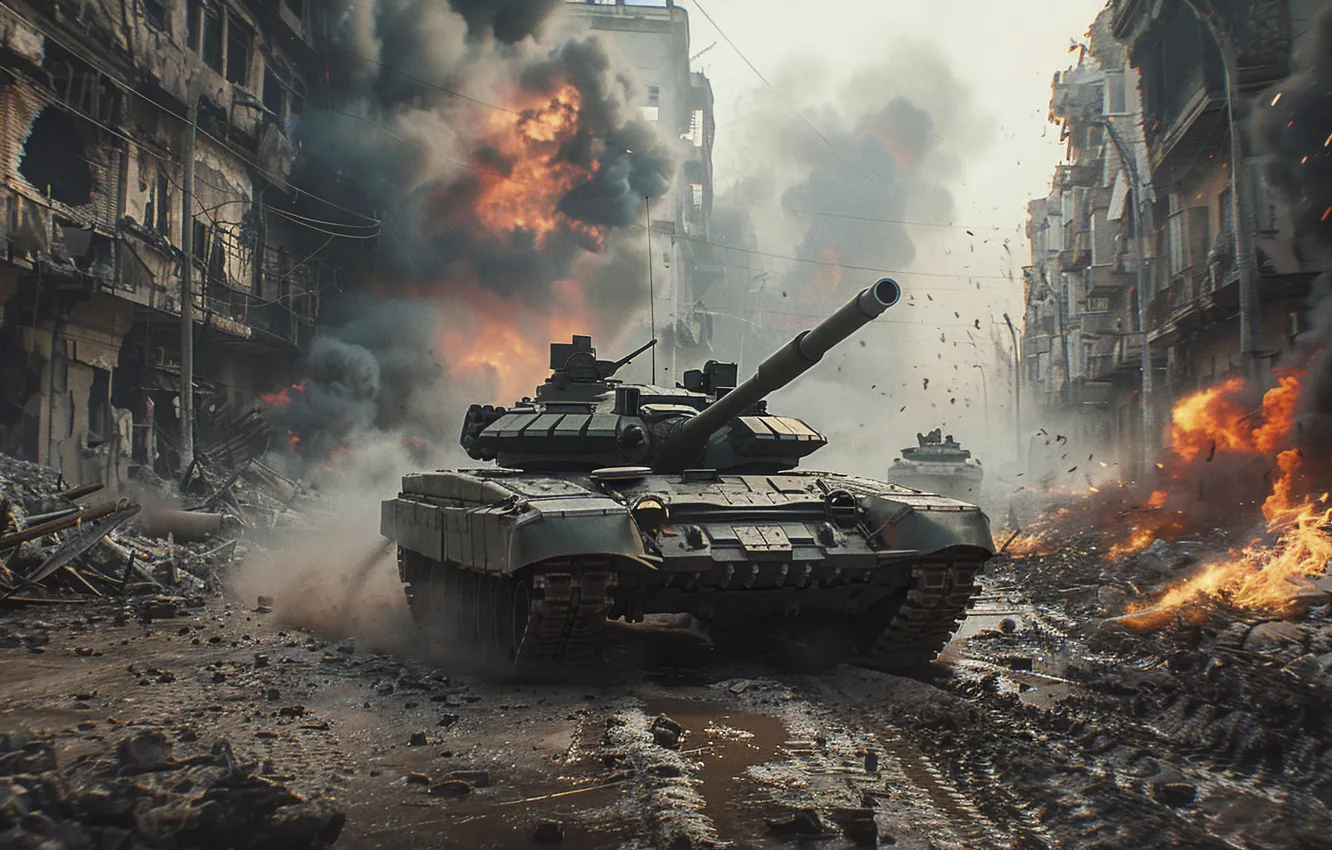 Photo wallpaper lights, smoke, building, home, tank, devastation, digital art, AI art