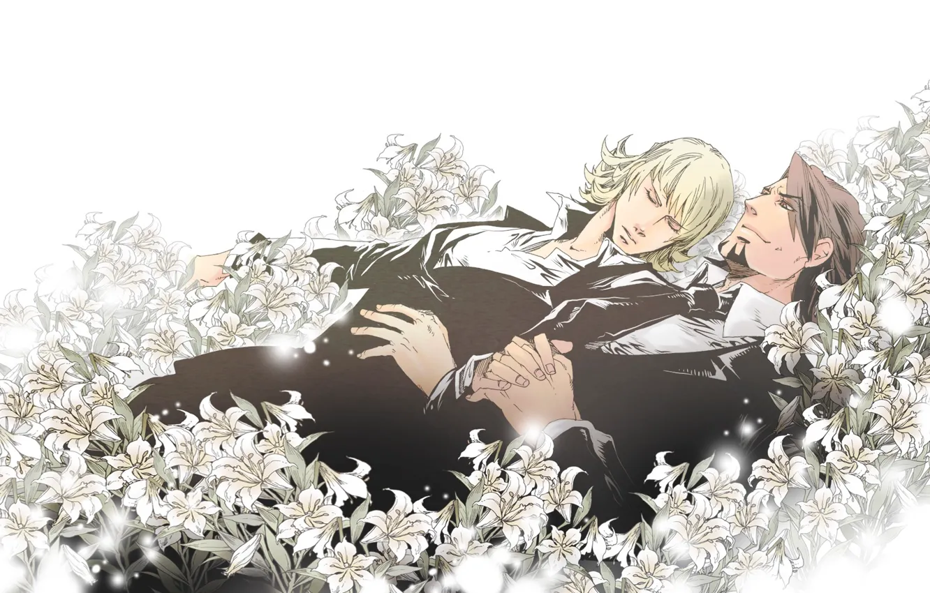 Photo wallpaper flowers, guys, two, Kotetsu, Tiger and Bunny, Tiger and Bunny, Barnaby