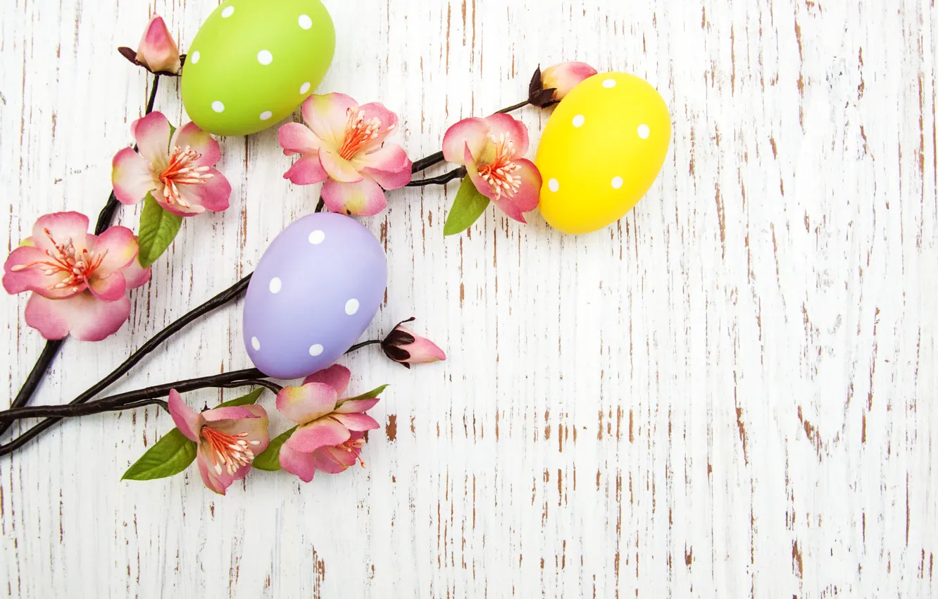 Photo wallpaper flowers, eggs, spring, colorful, Easter, wood, pink, blossom