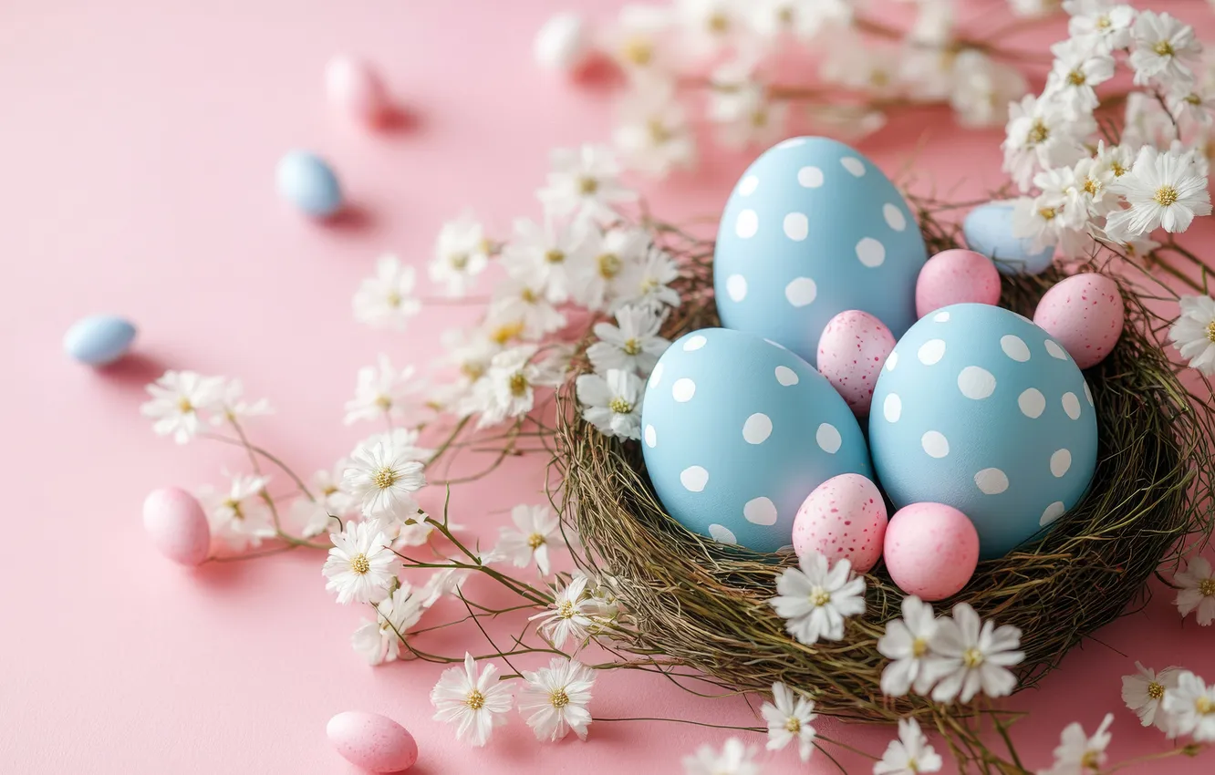Photo wallpaper flowers, holiday, eggs, spring, Easter, eggs, Milota, AI art