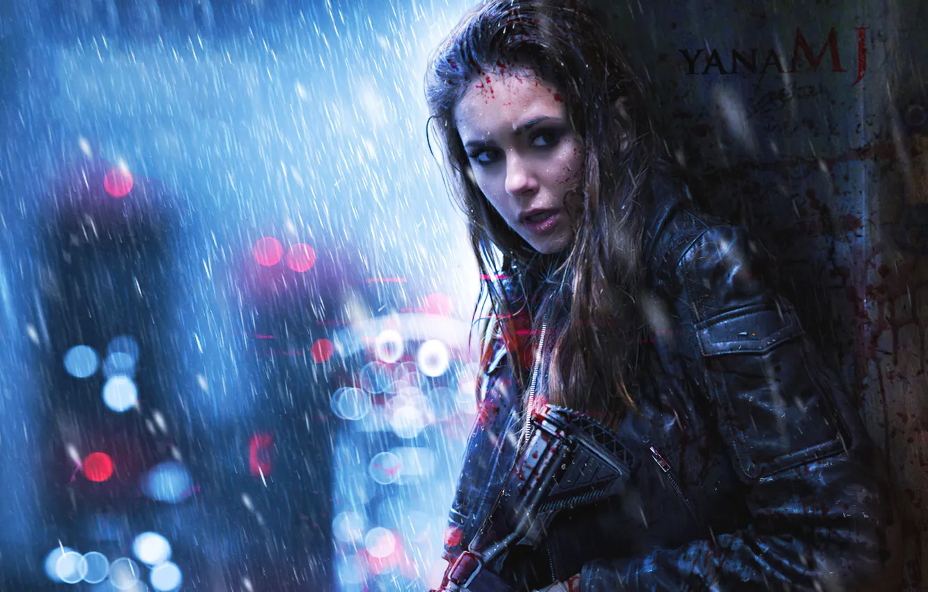 Photo wallpaper look, weapons, wall, rain, makeup, actress, art, Nina Dobrev