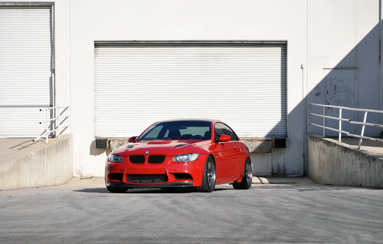 Photo wallpaper red, building, BMW, BMW, the door, the fence, red, front view