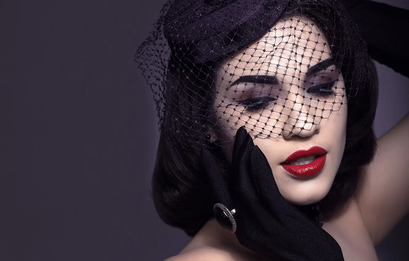 Photo wallpaper lipstick, brunette, lips, gloves, hat, ring, veil
