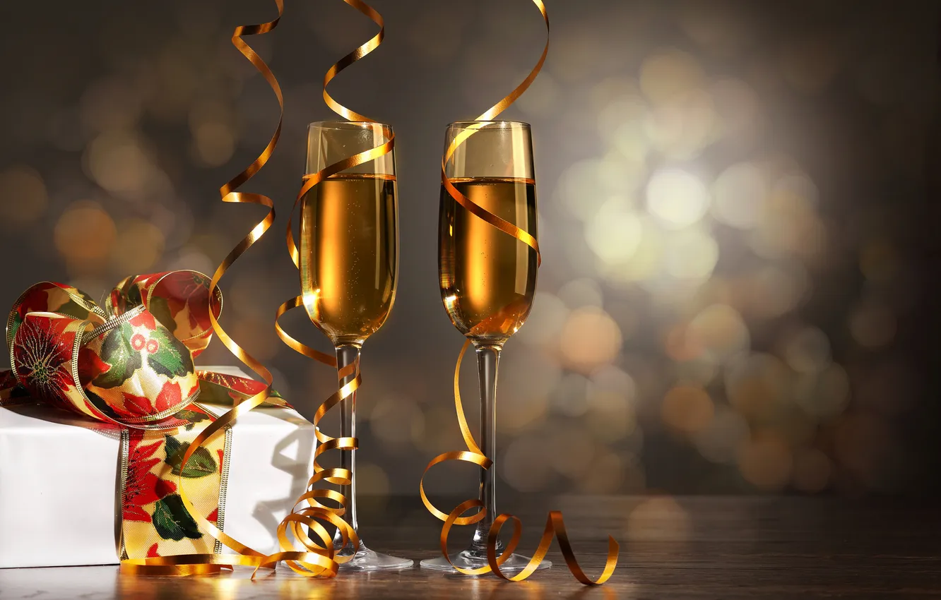 Photo wallpaper holiday, box, gift, glass, tape, drink, champagne