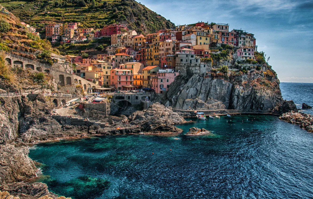 Photo wallpaper landscape, the city, stones, rocks, shore, building, home, Italy