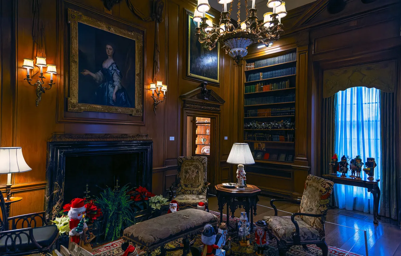 Photo wallpaper picture, fireplace, library, living room