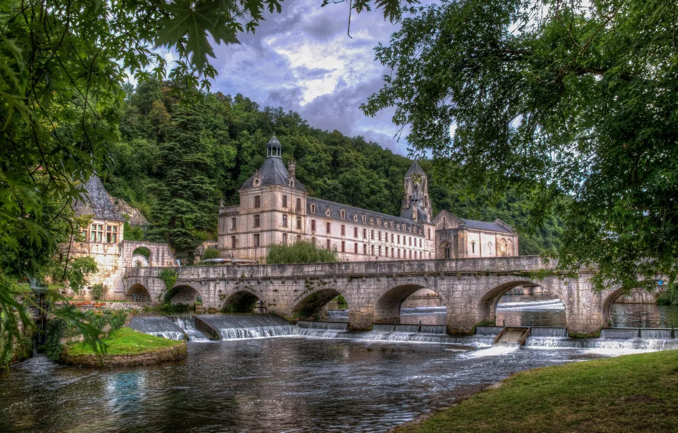 Photo wallpaper bridge, river, France, France, Abbey, the Dordogne river, Brantome, Dordogne