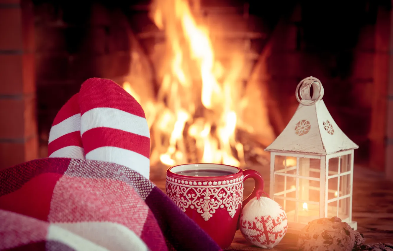 Photo wallpaper decoration, new year, Christmas, fire, fireplace, Christmas, cup, Xmas