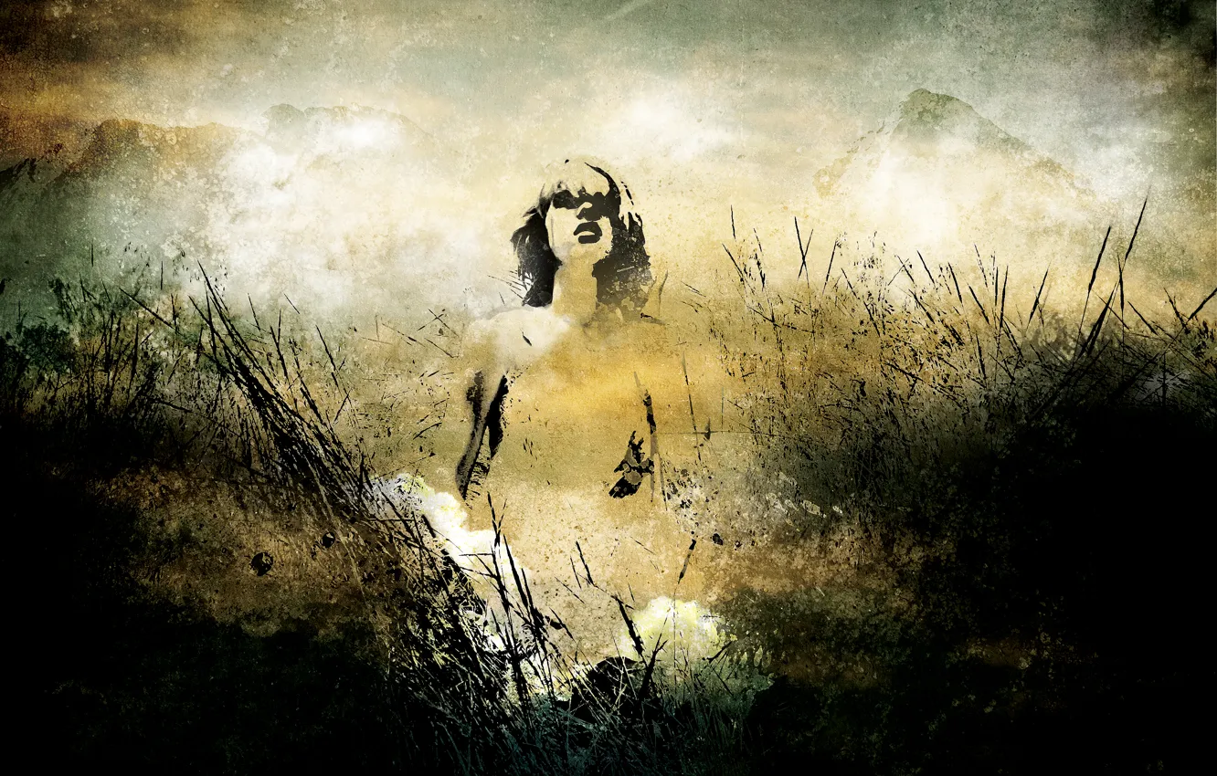 Photo wallpaper grass, girl, bird