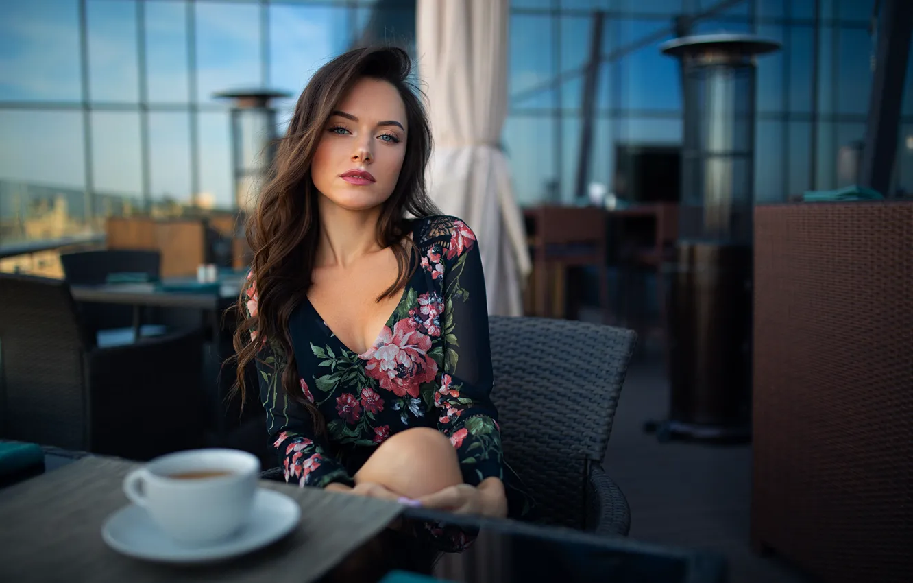 Photo wallpaper girl, makeup, dress, brunette, cafe, table, curls, Dmitry Shulgin