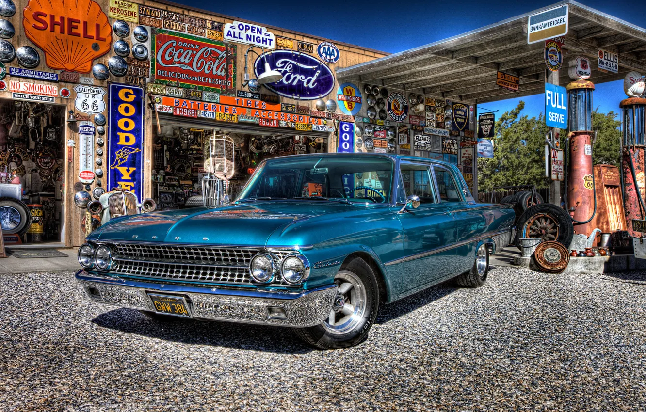 Photo wallpaper retro, Ford, dressing, Galaxie, car, classic, gas station, service