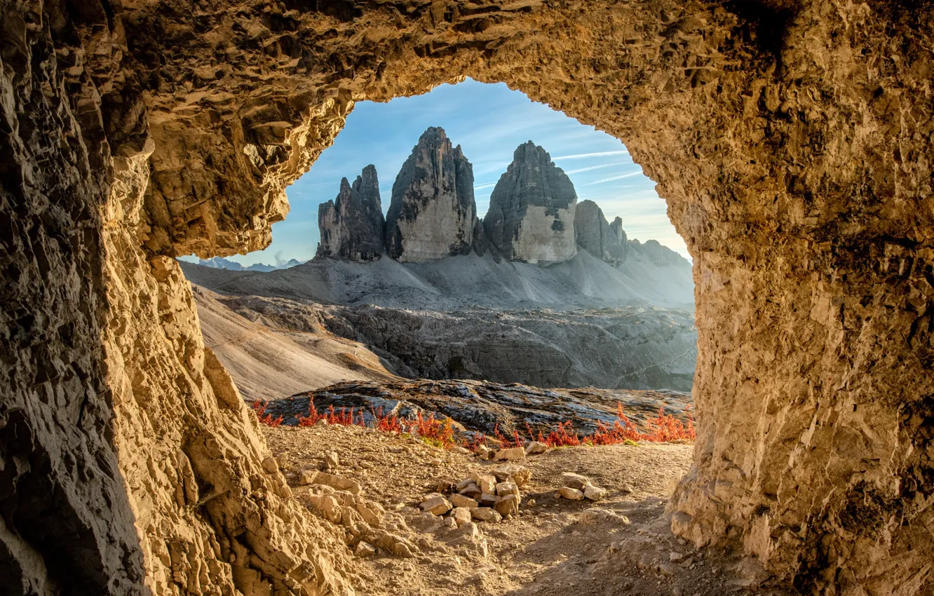 Photo wallpaper landscape, mountains, nature, stones, Italy, cave, The three Peaks of Lavaredo, The Dolomites
