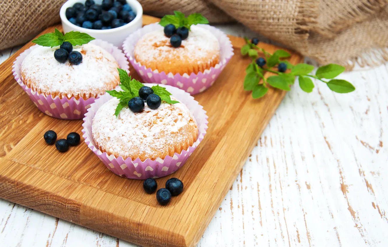 Photo wallpaper sprig, blueberries, cupcakes, muffins, Olena Rudo
