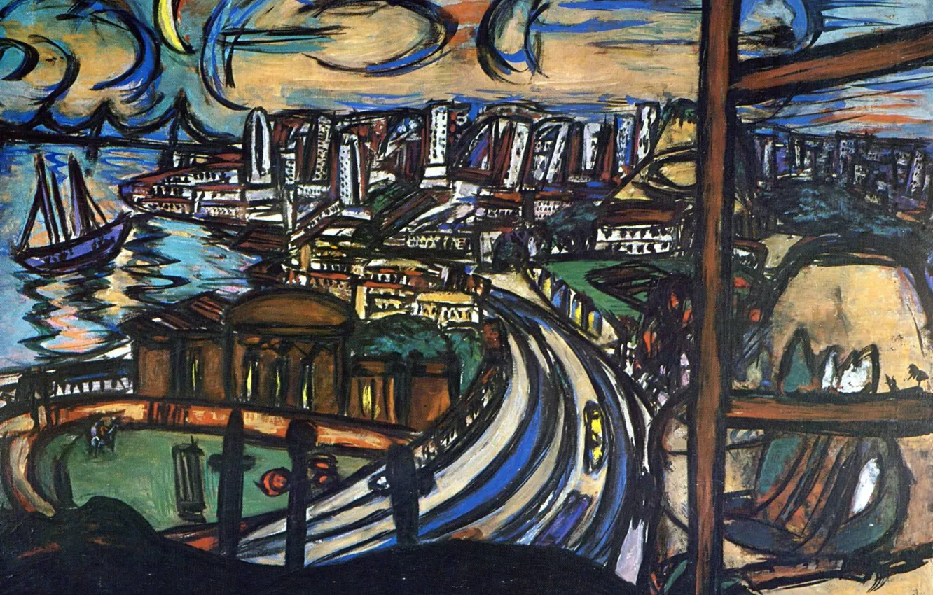 Photo wallpaper road, ship, the evening, Crescent, Vanguard, port city, Expressionism, Max Beckmann