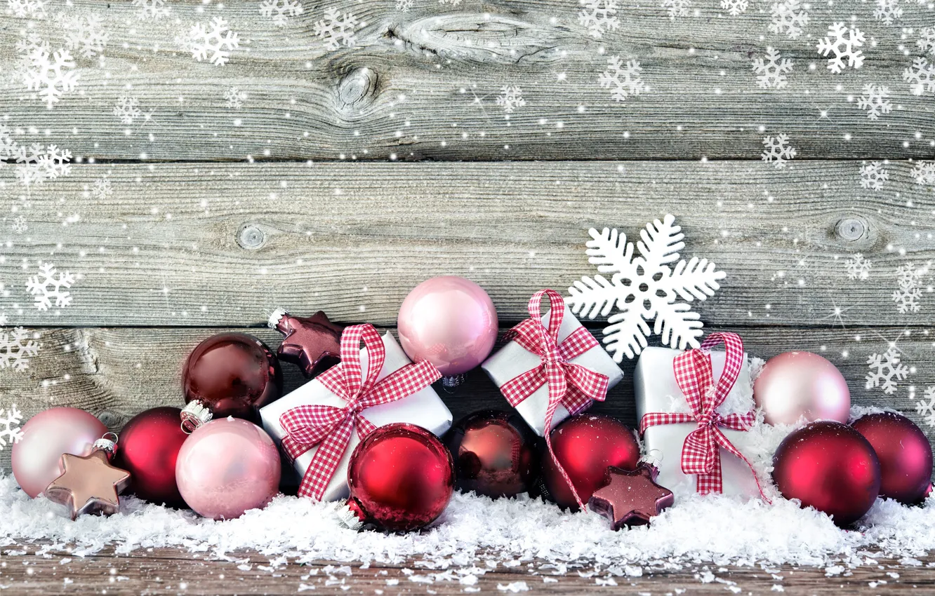 Photo wallpaper snow, decoration, snowflakes, balls, New Year, Christmas, gifts, Christmas
