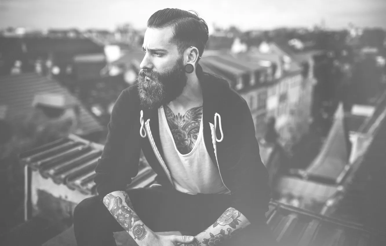 Photo wallpaper roof, eyes, hair, home, the hood, beard, tattoo, men