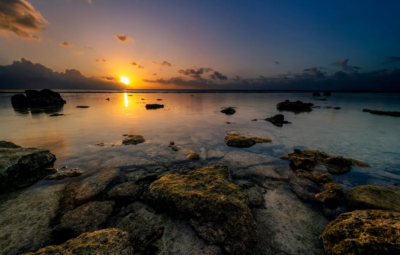 Photo wallpaper horizon, twilight, dusk, horizon, French Polynesia, French Polynesia, Coast Reef, Hua Hin