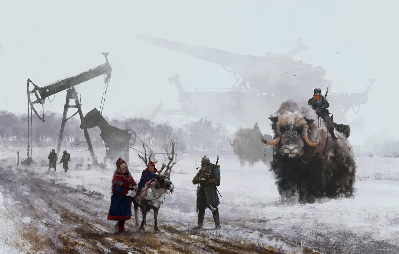 Photo wallpaper game, soldier, machine, fog, man, reindeer, cannon, horn