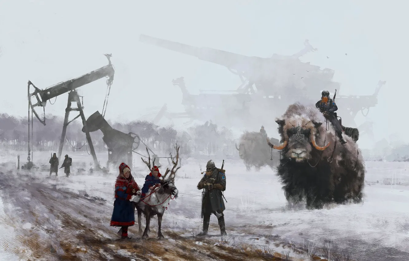 Photo wallpaper game, soldier, Machine, fog, man, Bison, cannon, horn