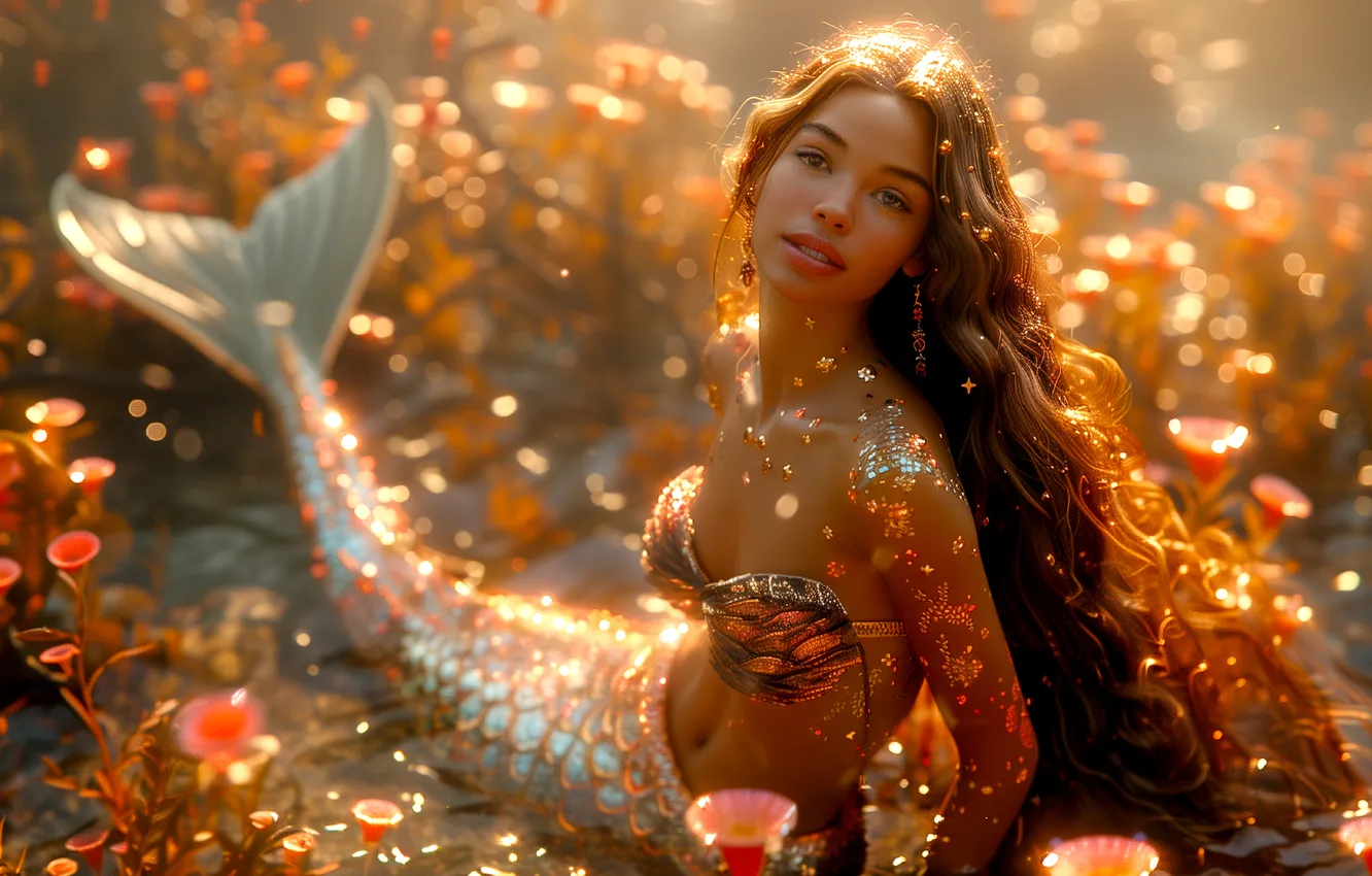 Photo wallpaper look, girl, hair, mermaid, tail, underwater world, digital art, AI art