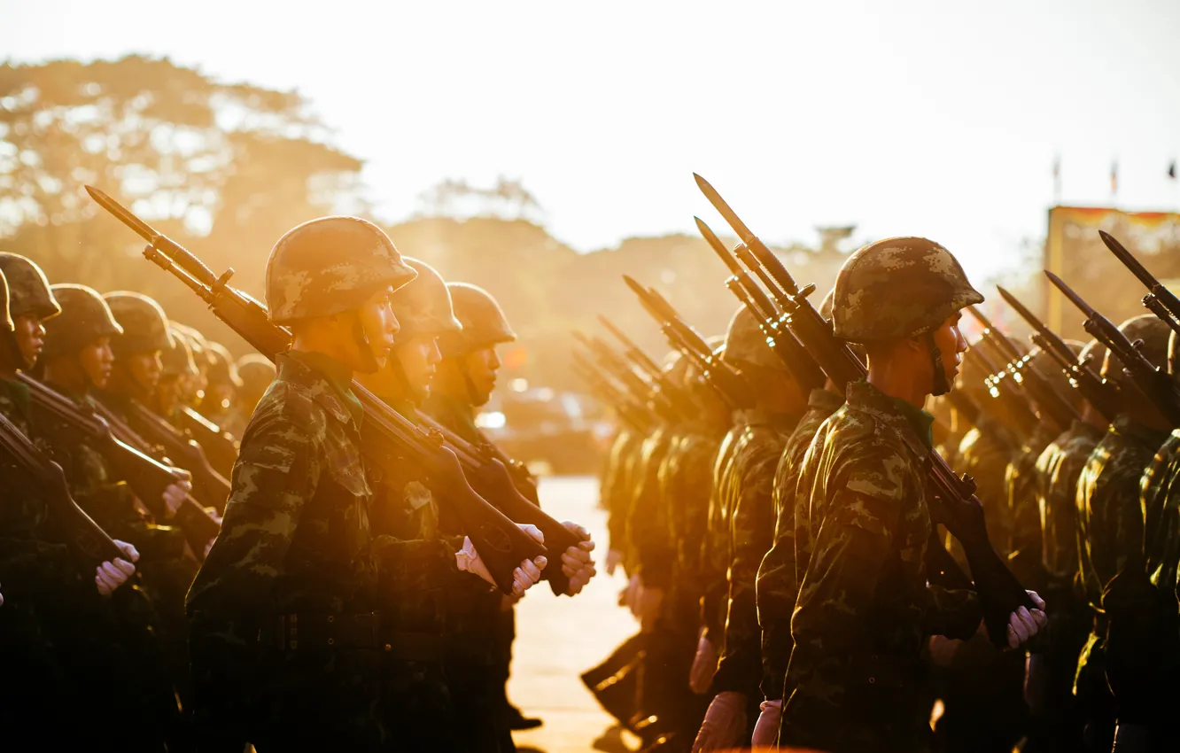 Photo wallpaper soldiers, sunset, training