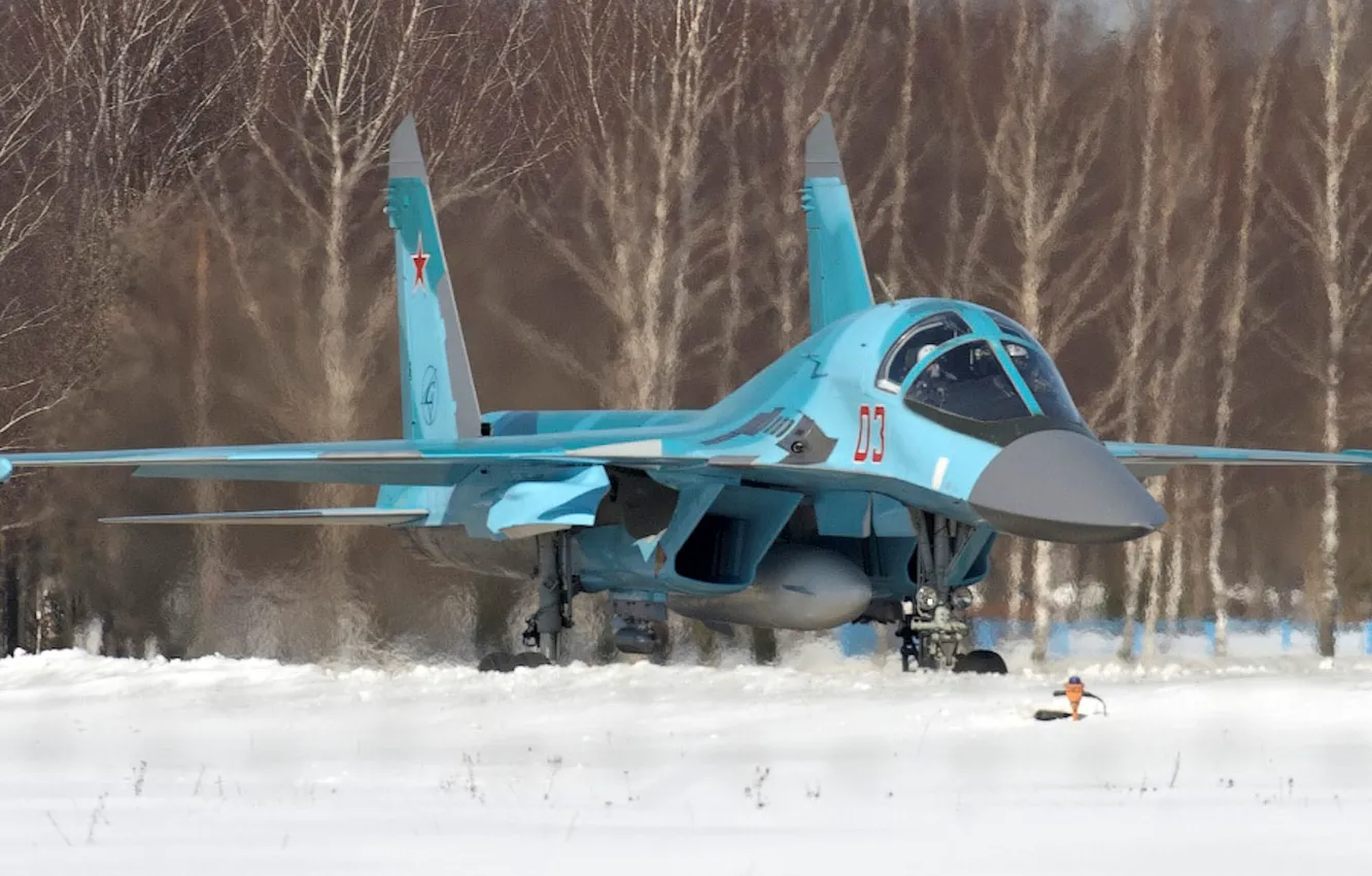 Photo wallpaper snow, the airfield, bomber, Fullback, Su-34, Sukhoi, Russian fighter-bomber