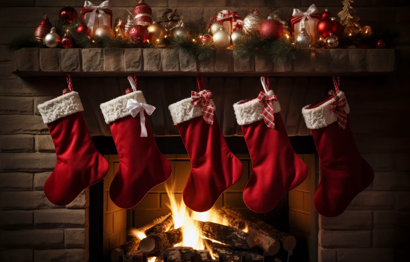 Photo wallpaper decoration, balls, new year, home, interior, Christmas, red, fireplace