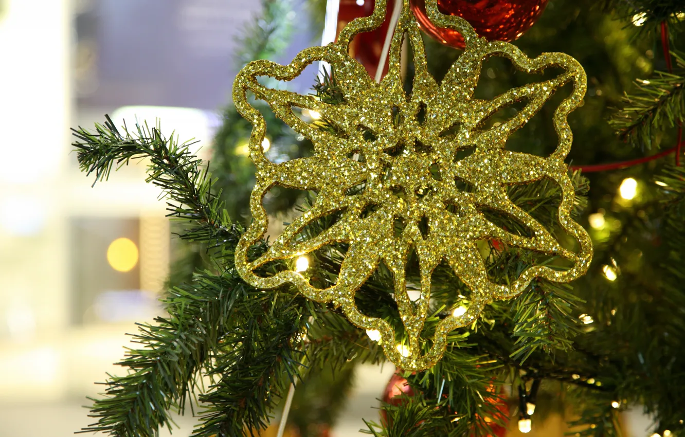 Photo wallpaper winter, holiday, Christmas, New year, tree, needles, snowflake, Christmas decorations