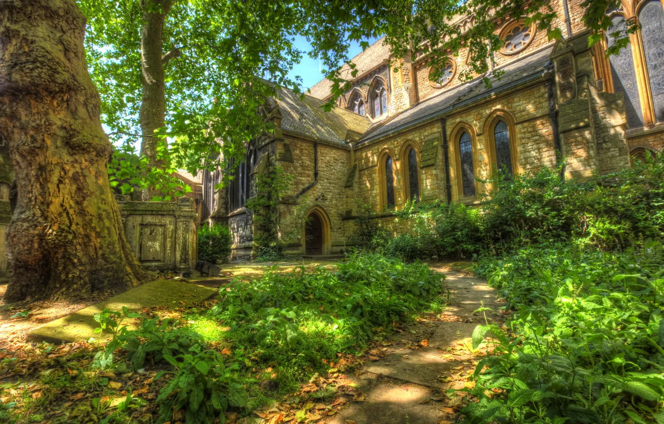 Photo wallpaper grass, trees, England, London, trail, Church, Temple Church, Temple