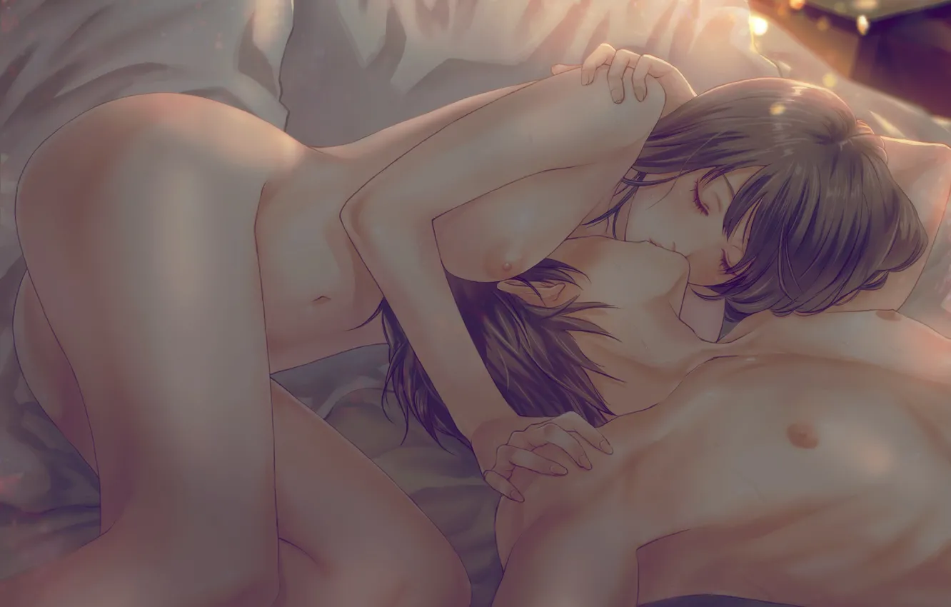Photo wallpaper love, romance, kiss, two, Nude, lying on the bed, the guy with the girl, by …