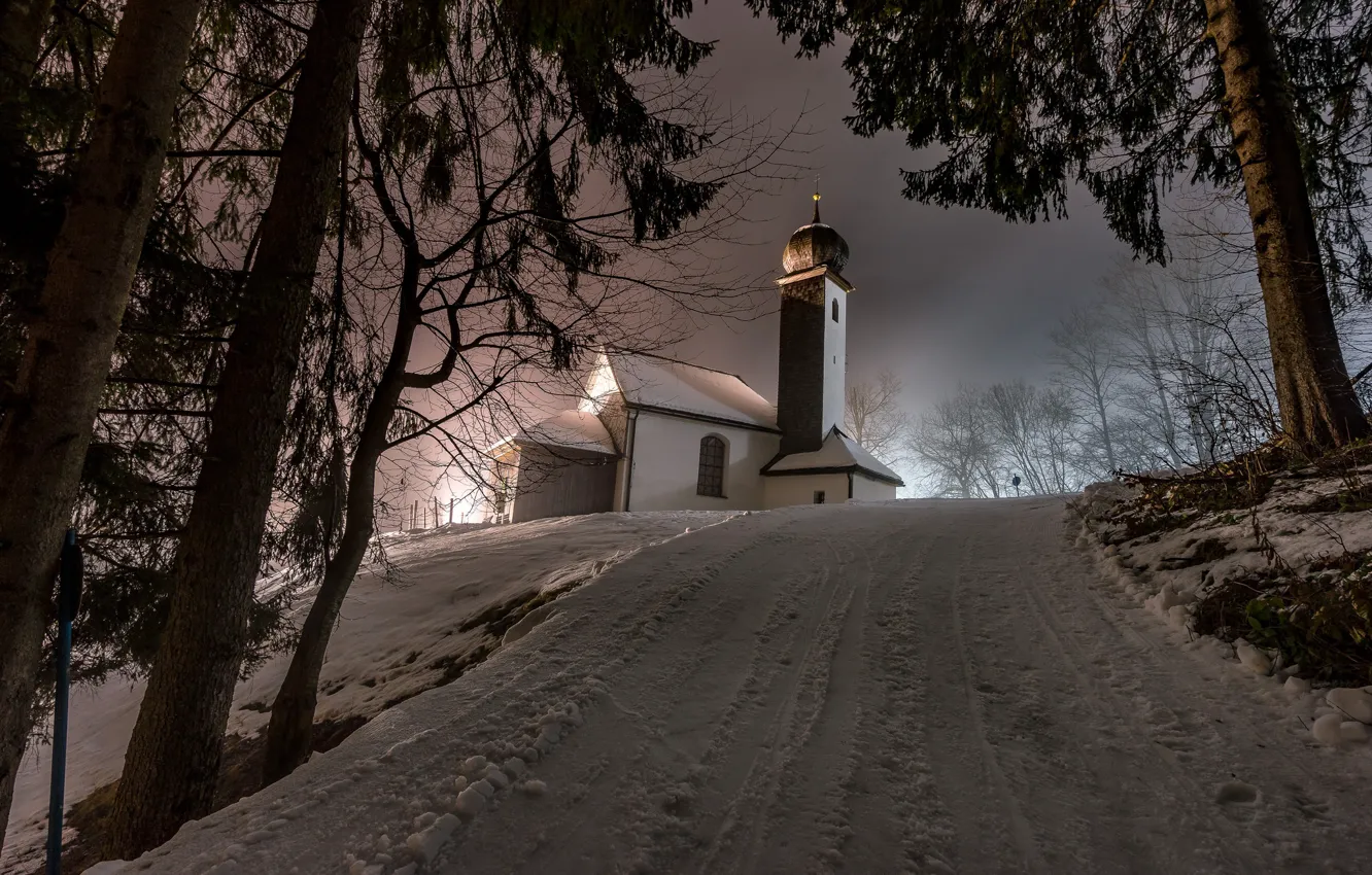 Photo wallpaper winter, road, snow, Austria, Church, Tyrol
