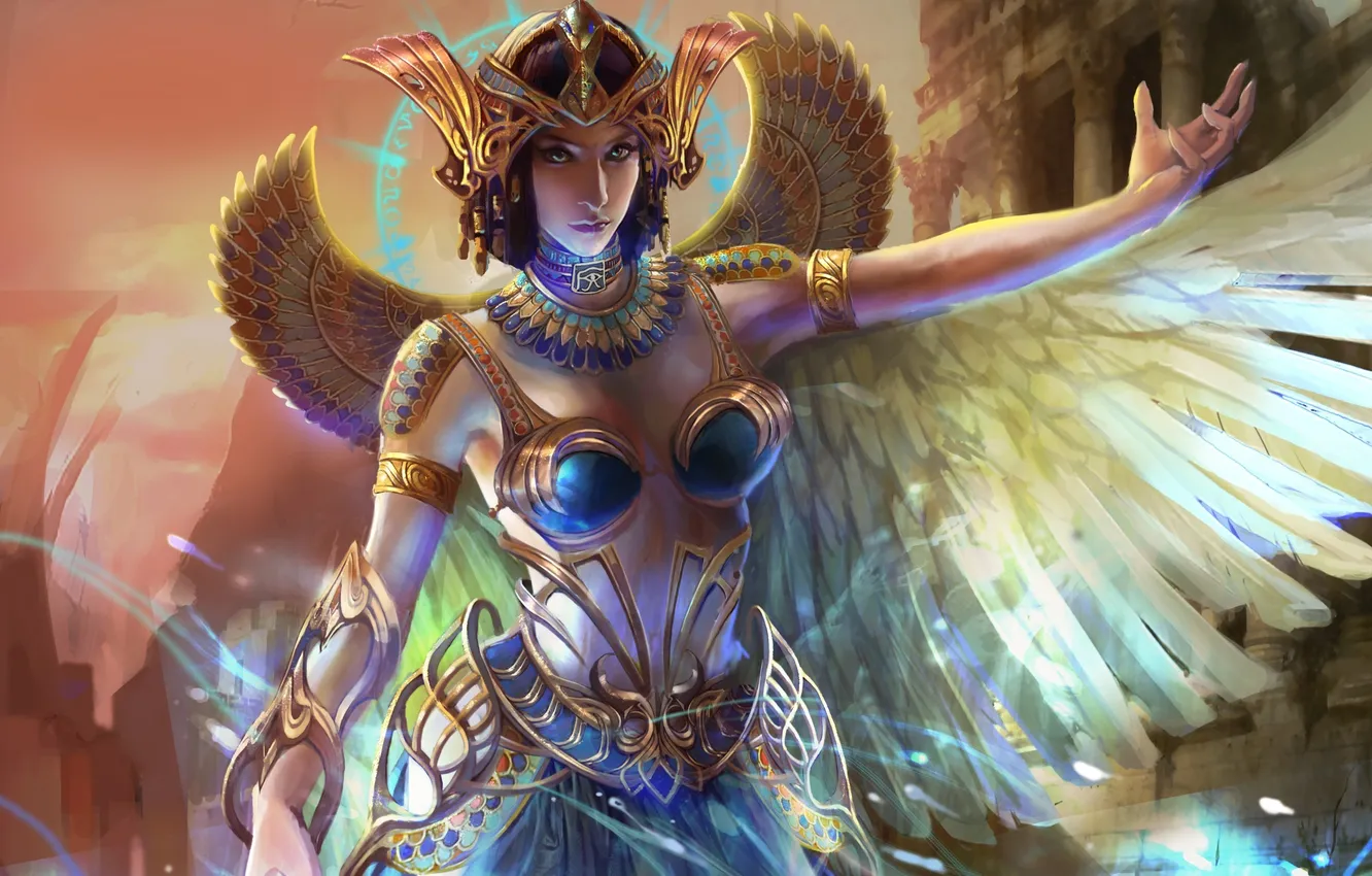Photo wallpaper girl, wings, art, goddess, Isis