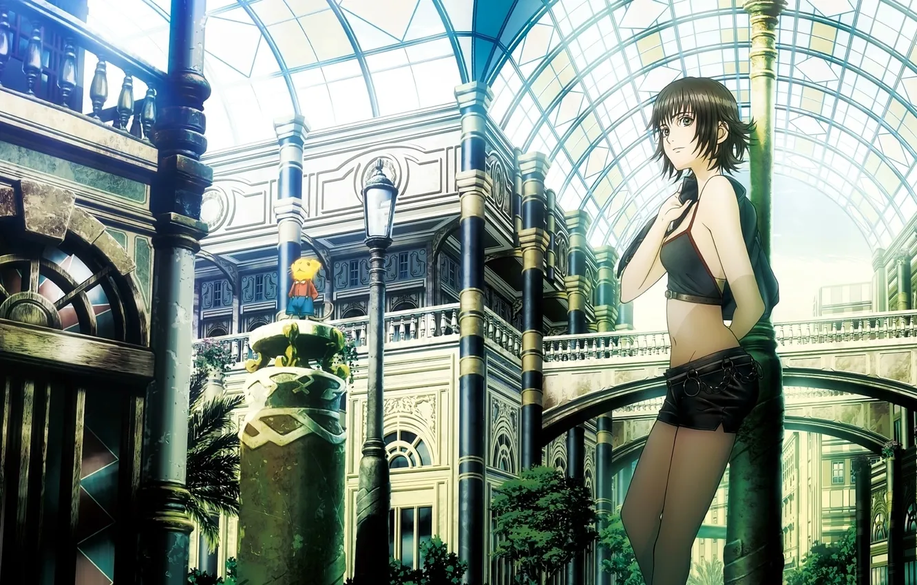 Photo wallpaper girl, bridge, the city, building, lights, gallery, arch, columns