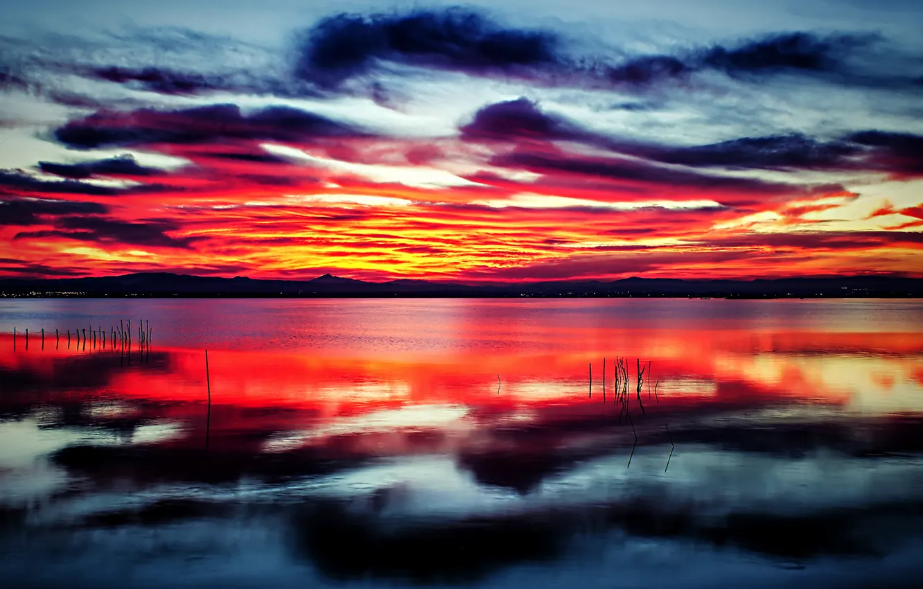 Photo wallpaper the sky, clouds, lake, reflection, the evening, glow