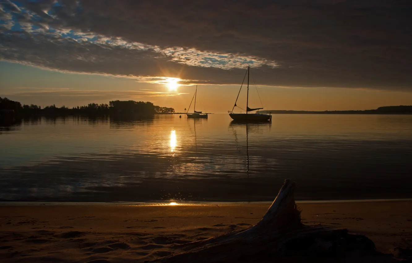 Photo wallpaper sea, water, the sun, sunset, yacht