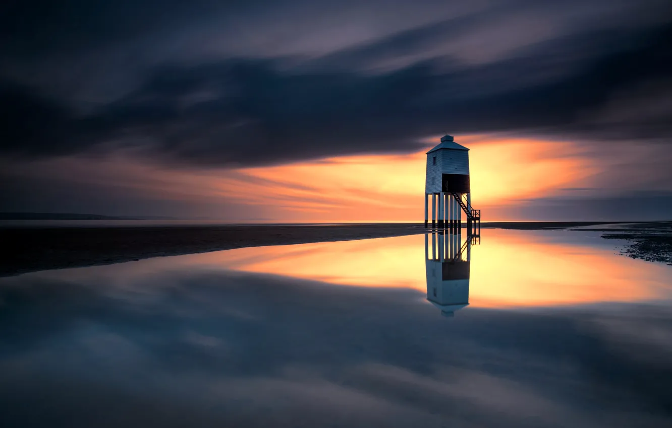 Photo wallpaper sea, clouds, lighthouse, England, Burnham-on-sea