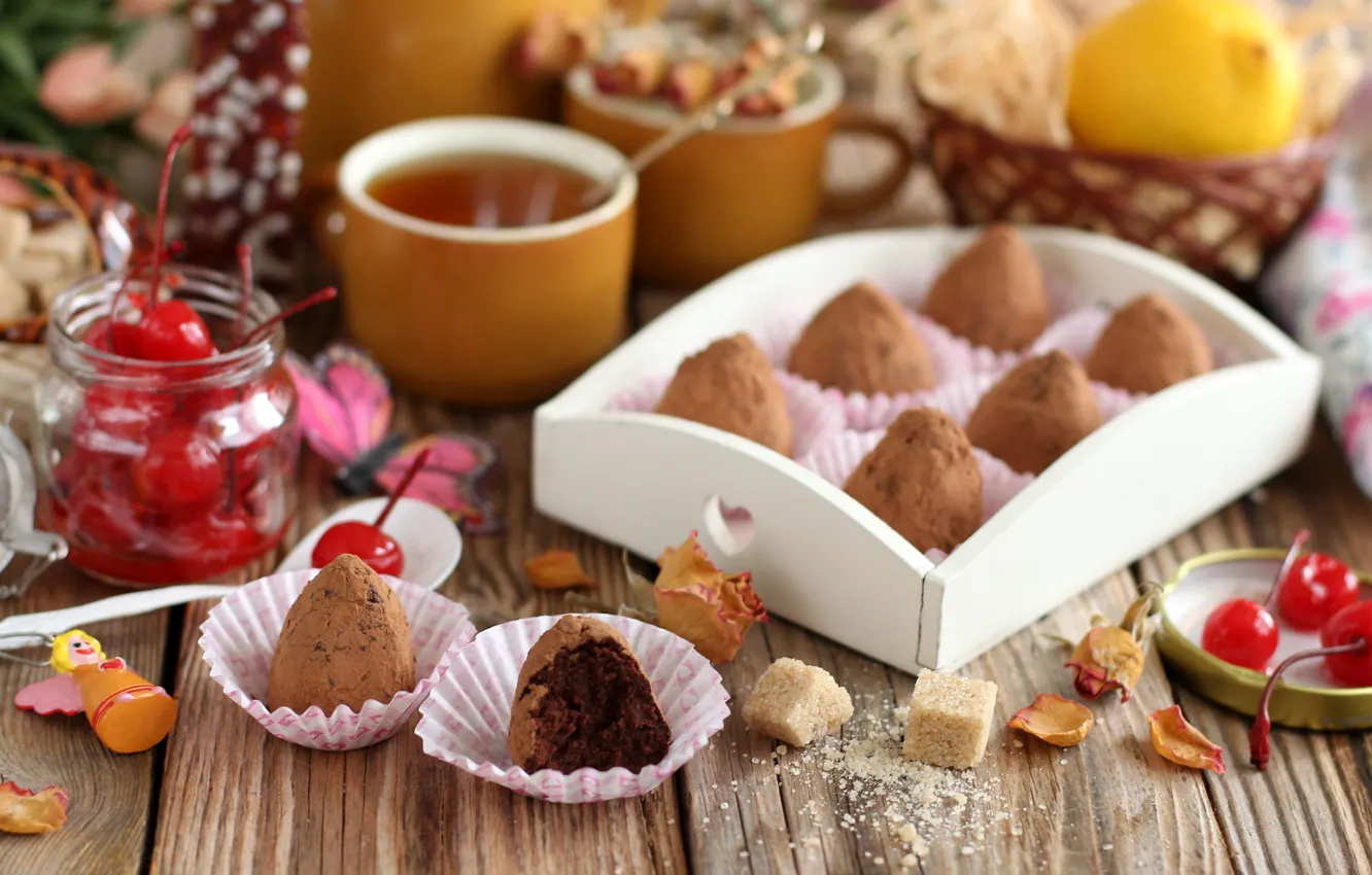 Photo wallpaper truffles, candy, cherry, tea