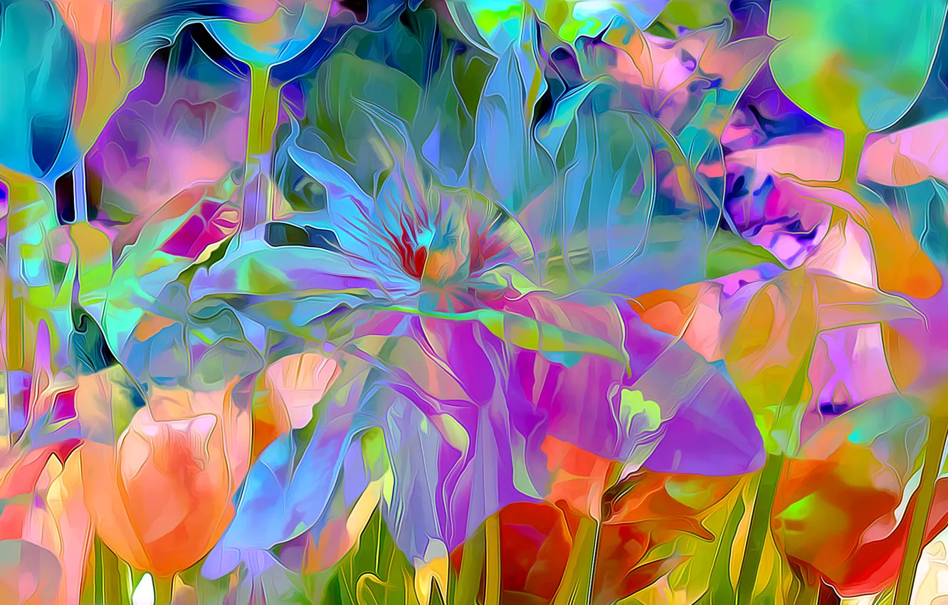 Photo wallpaper flowers, rendering, petals, garden, meadow