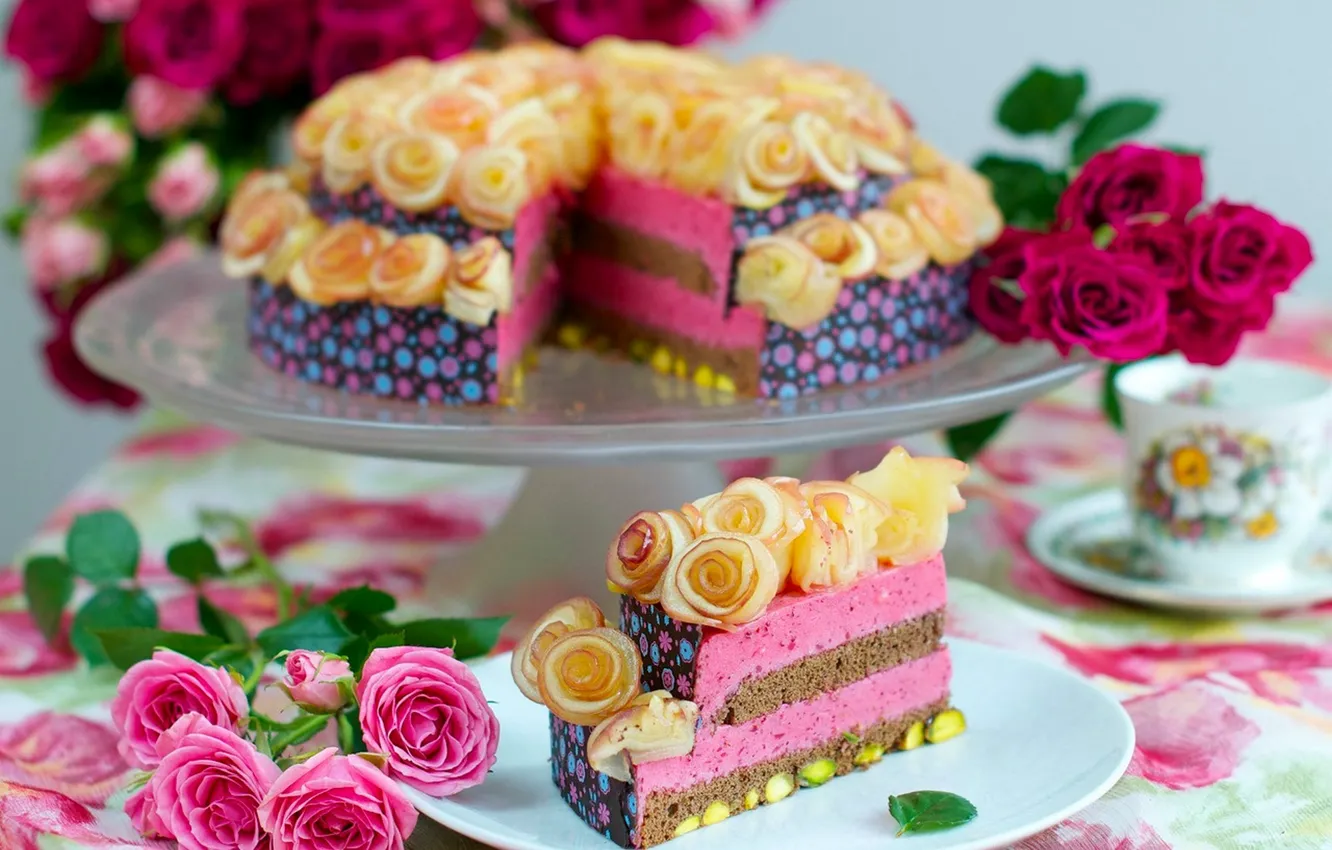 Photo wallpaper flowers, tea, coffee, food, roses, Cup, cake, rose