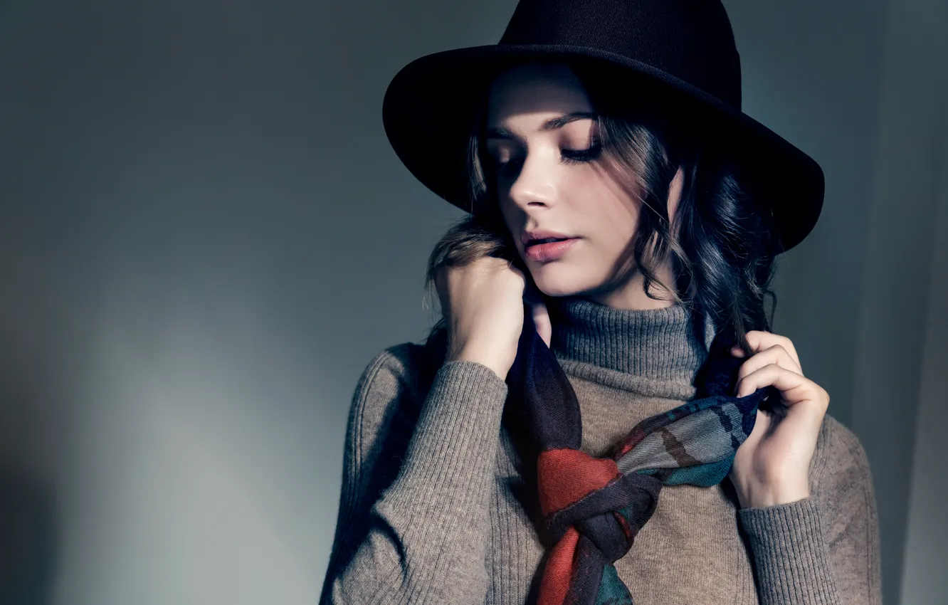 Photo wallpaper girl, background, portrait, hat, hands, scarf, brunette