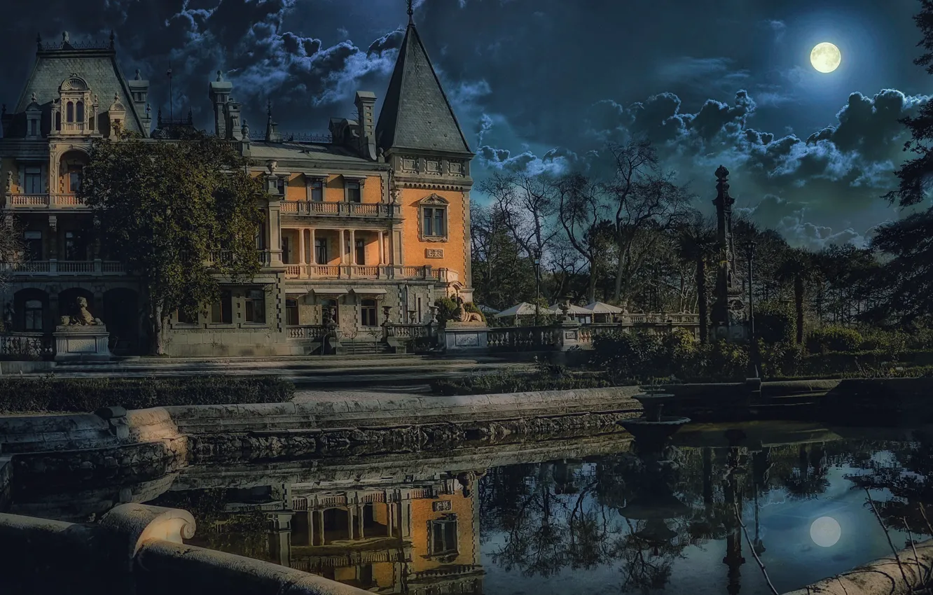 Photo wallpaper water, trees, night, the city, house, the moon, fountain, mansion
