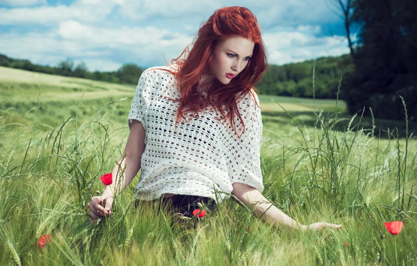 Photo wallpaper pose, red, Guennadi Ivanov-Kuhn, girl, field, Maki